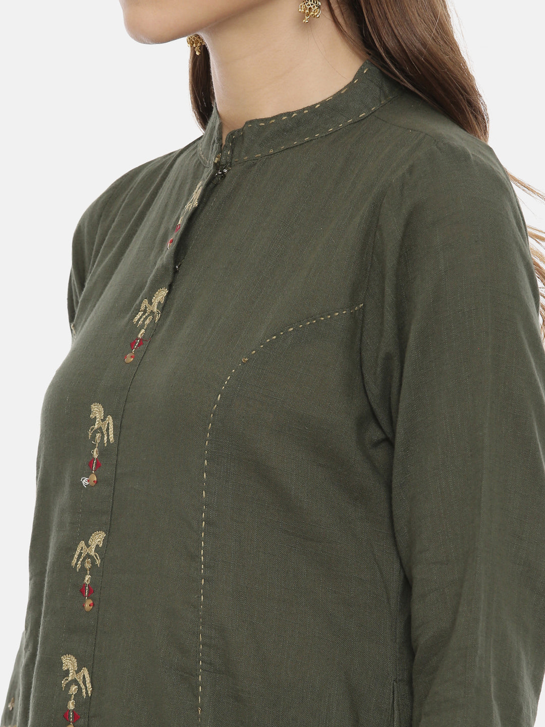Neerus Green cotton embroidered A-line kurta - back view