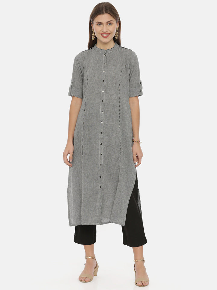 Neerus Grey cotton A-line kurta - front view