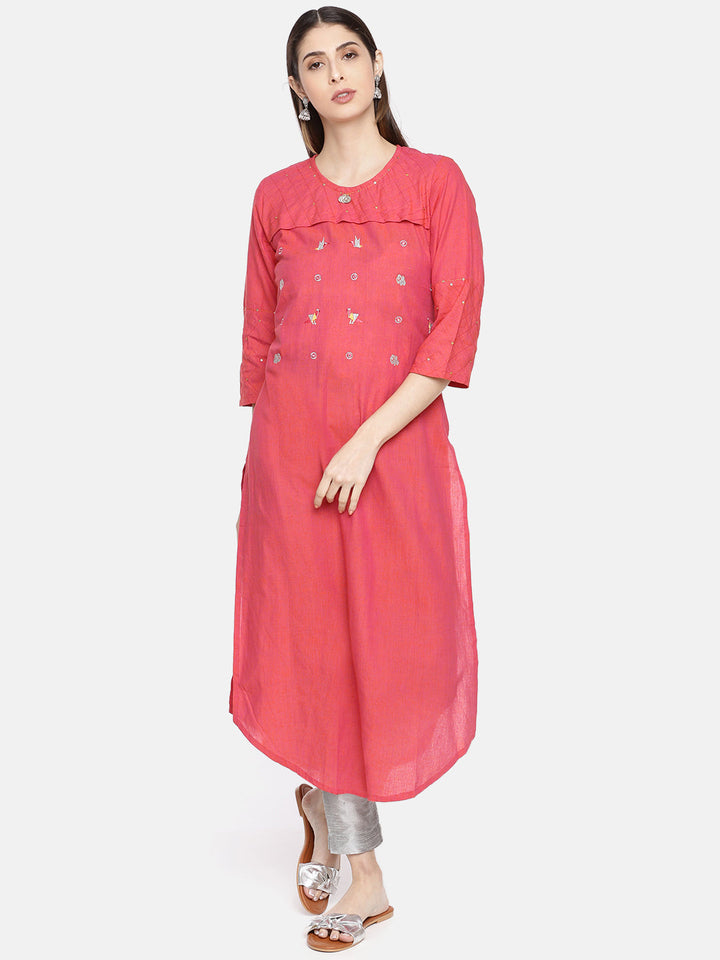 Neerus Pink cotton embellished A-line kurta - front view