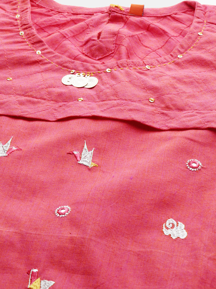 Neerus Pink cotton embellished A-line kurta - back view