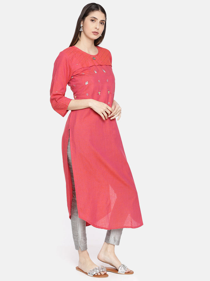 Neerus Pink cotton embellished A-line kurta - side view