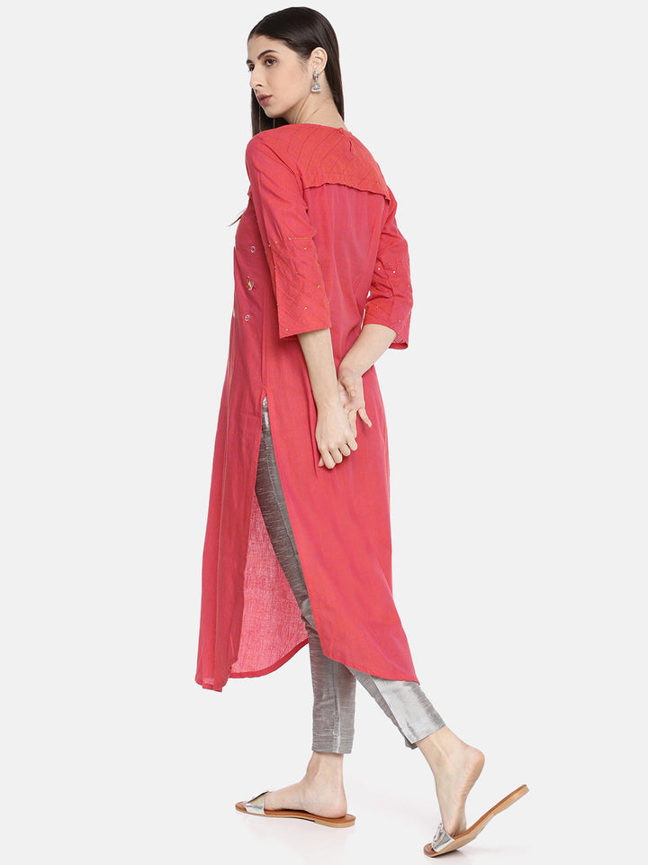 Neerus Pink cotton embellished A-line kurta - detail view 1
