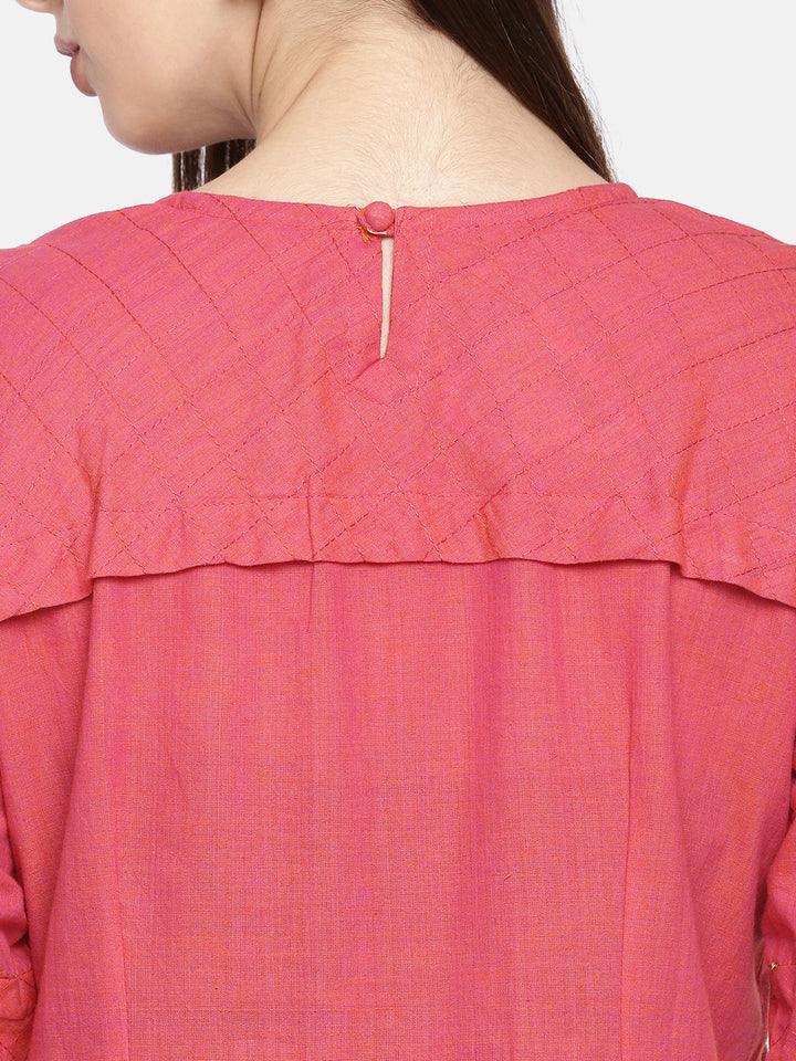 Neerus Pink cotton embellished A-line kurta - detail view 2