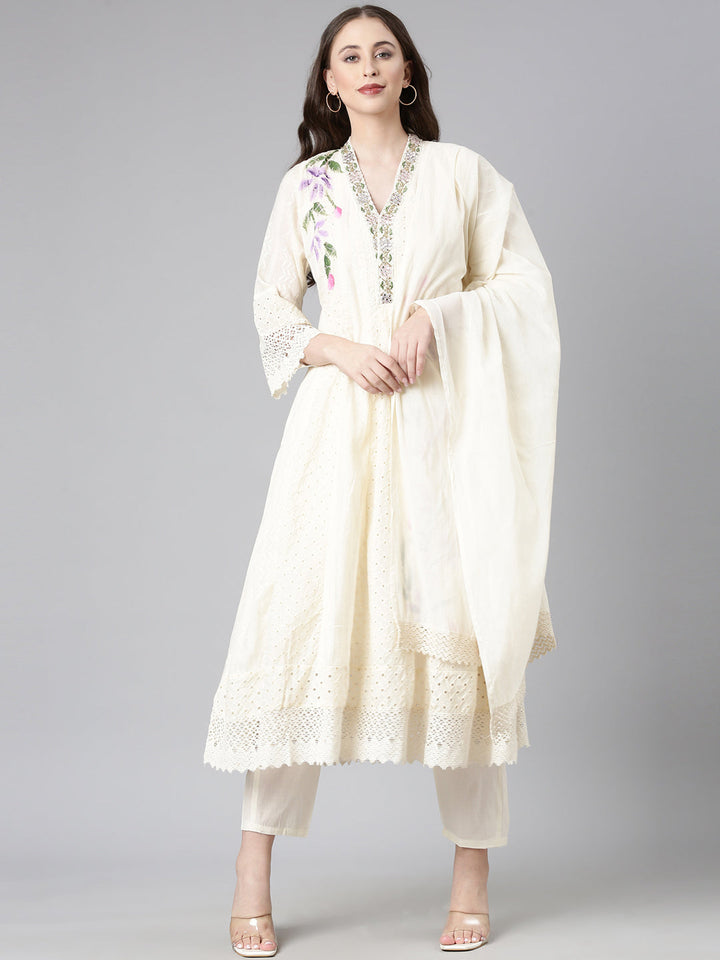 Neerus Cream Solid Anarkali Kurta and Trousers With Dupatta