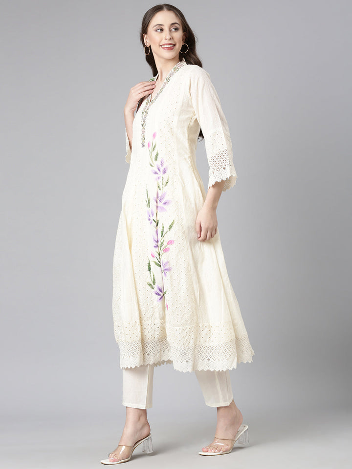 Neerus Cream Solid Anarkali Kurta and Trousers With Dupatta