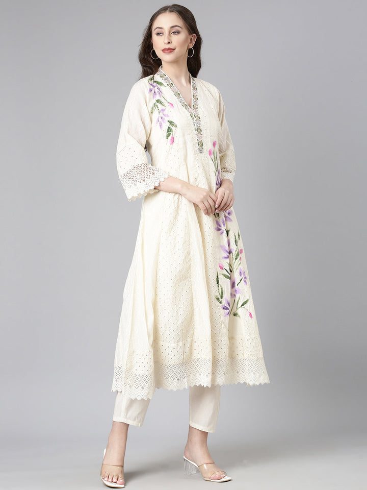 Neerus Cream Solid Anarkali Kurta and Trousers With Dupatta