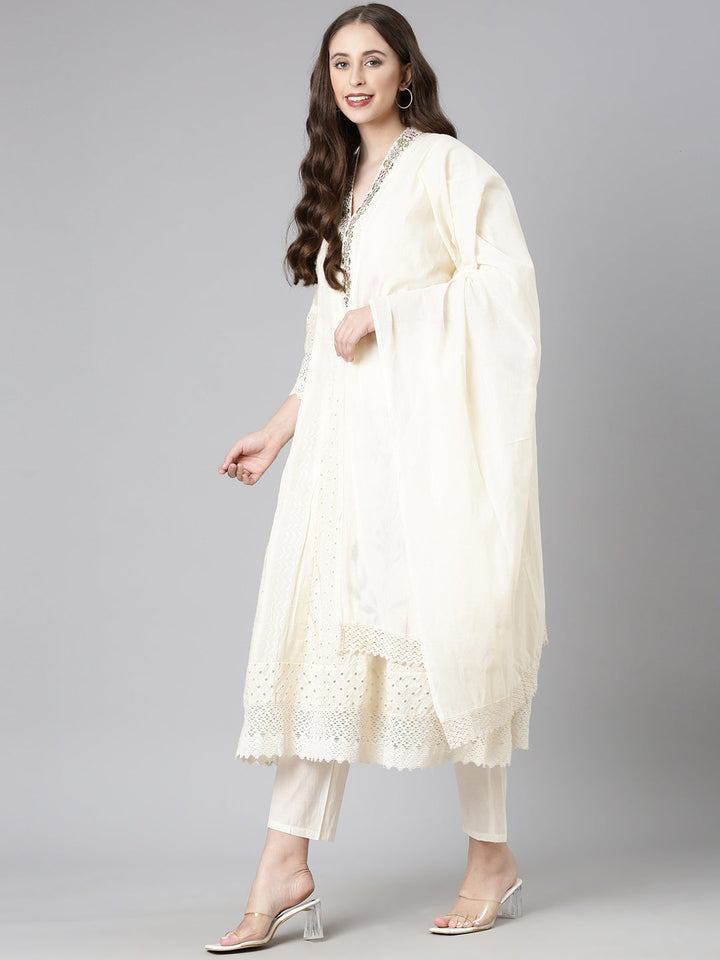 Neerus Cream Solid Anarkali Kurta and Trousers With Dupatta