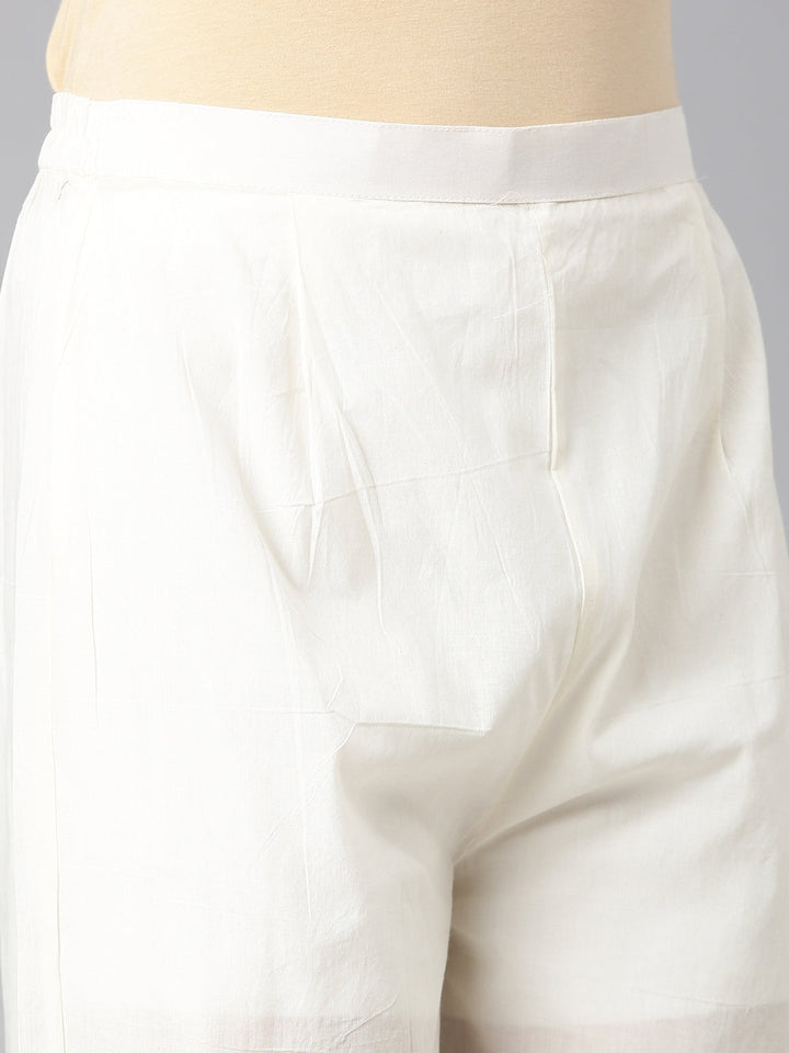 Neerus Cream Solid Anarkali Kurta and Trousers With Dupatta