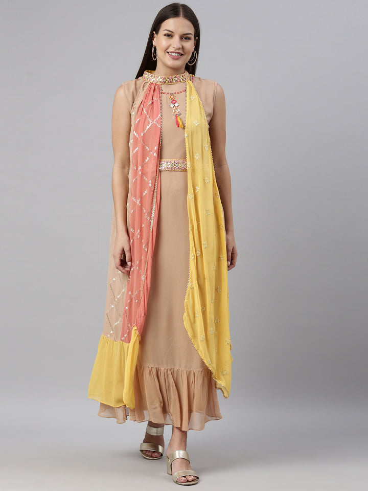 Neerus Beige georgette straight kurta - front view