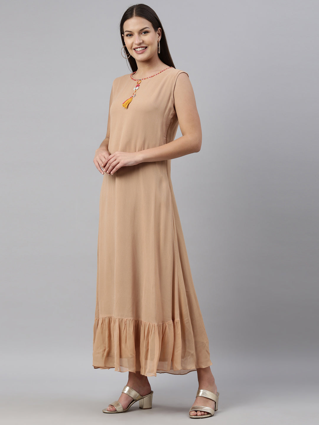 Neerus Beige georgette straight kurta - detail view 1