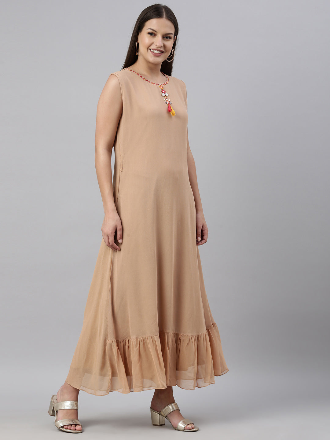 Neerus Beige georgette straight kurta - detail view 2