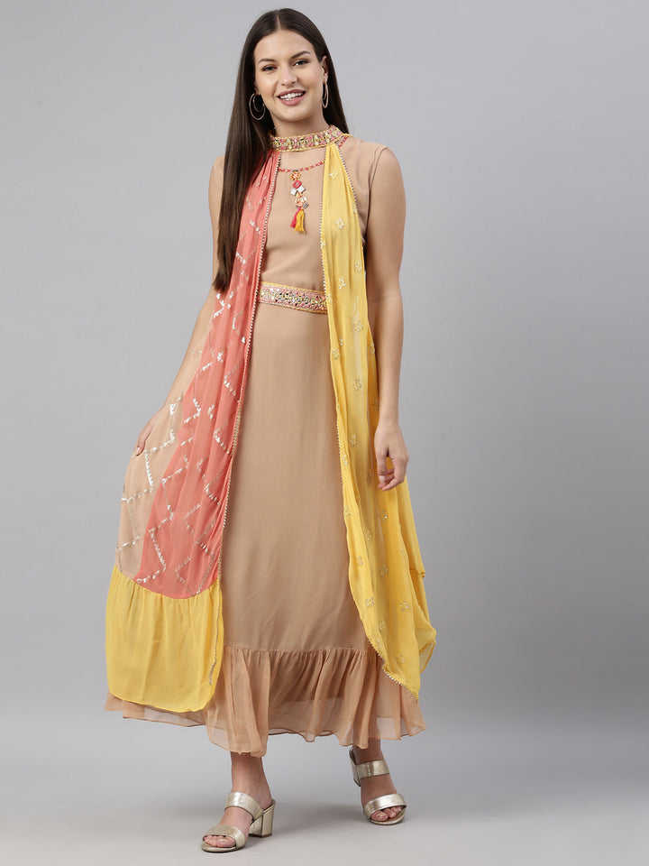 Neerus Beige georgette straight kurta - detail view 4