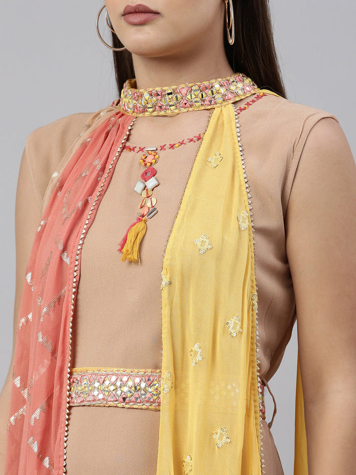 Neerus Beige georgette straight kurta - detail view 5