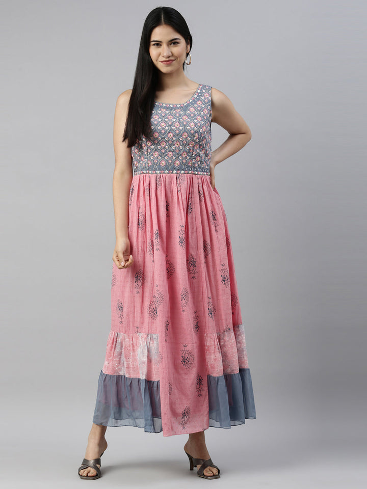 Neerus Pink cotton solid kurti - front view