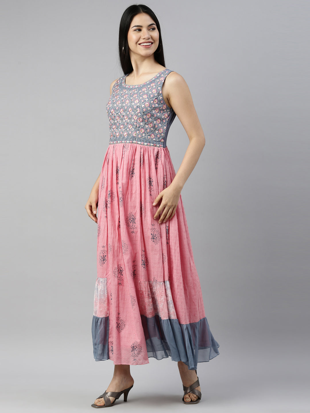 Neerus Pink cotton solid kurti - side view