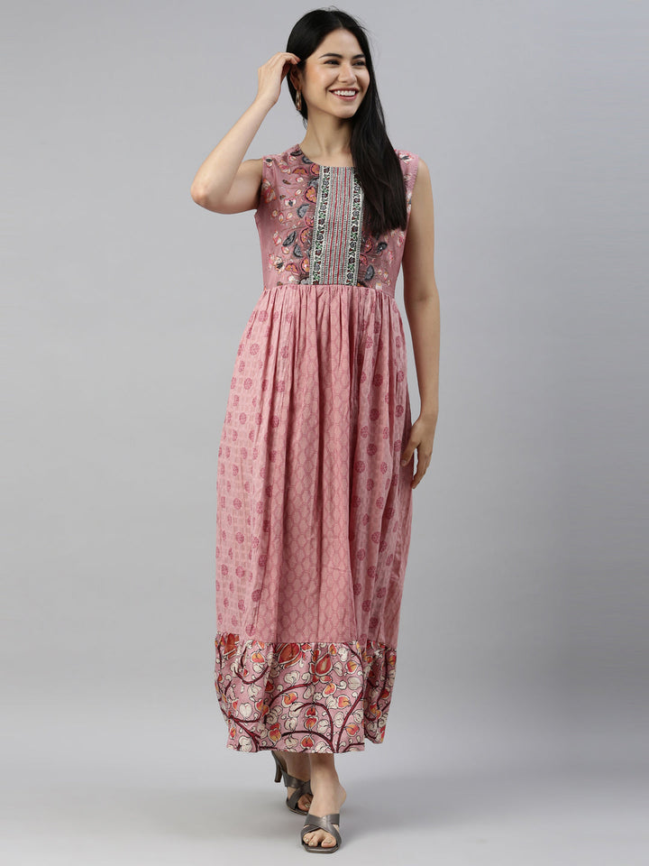 Neerus Pink cotton solid kurti - front view