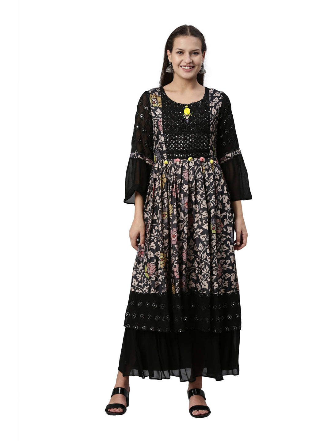Neerus Black georgette straight kurta - front view