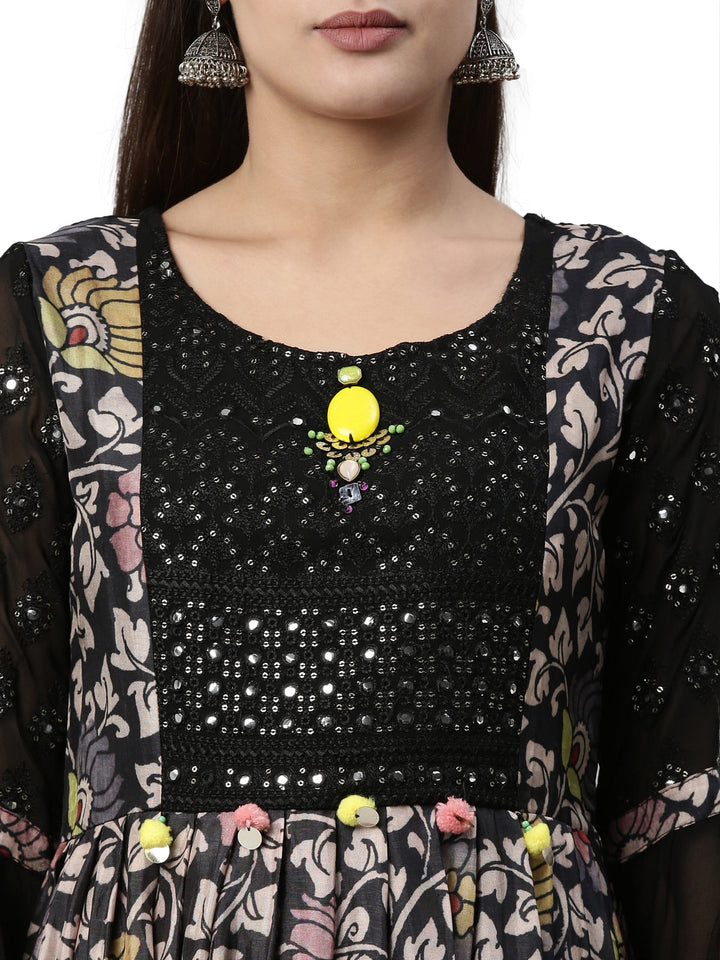 Neerus Black georgette straight kurta - back view
