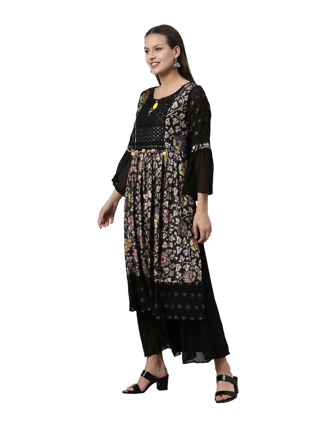 Neerus Black georgette straight kurta - side view
