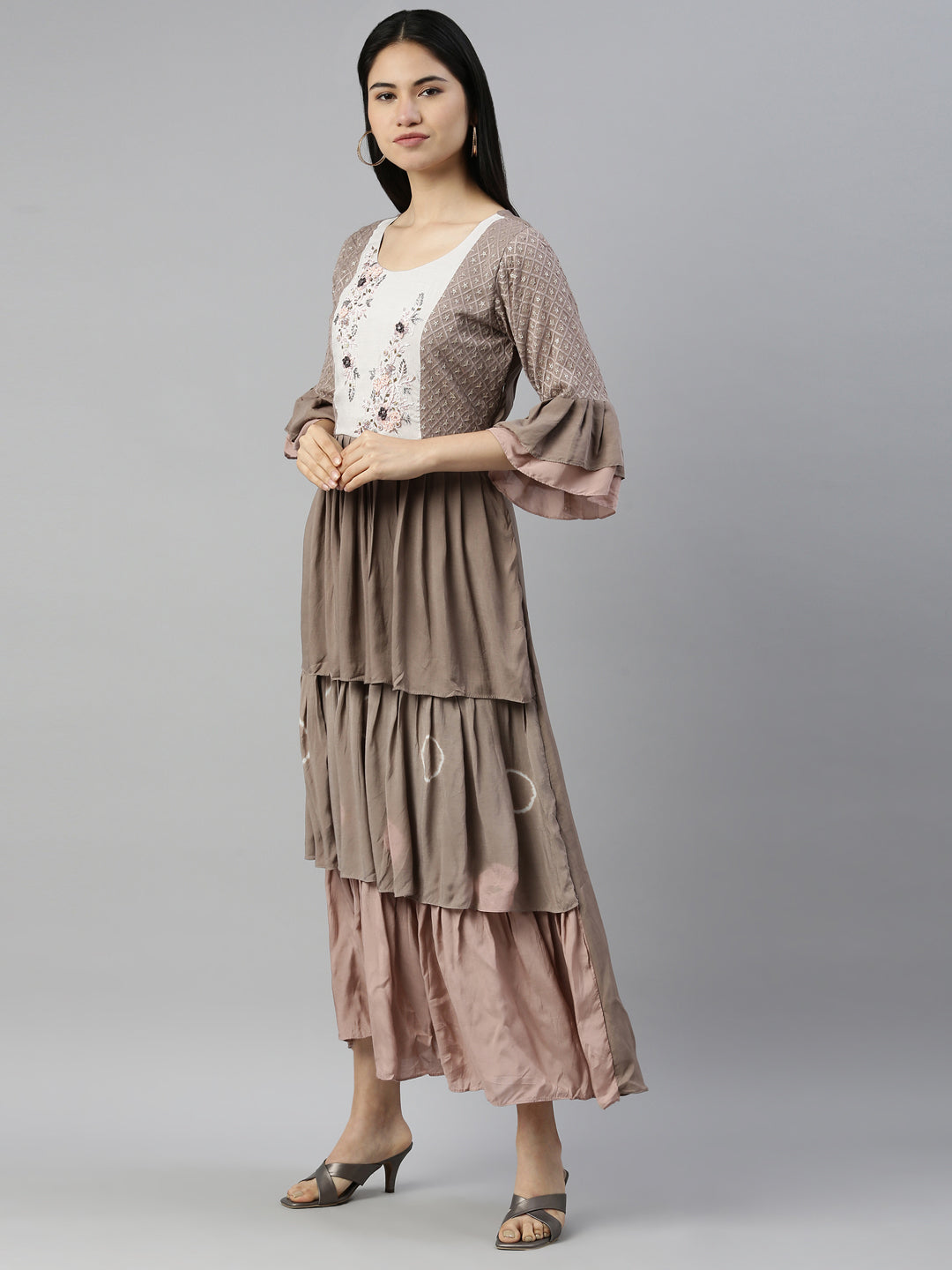 Neerus Grey muslin printed kurti - side view