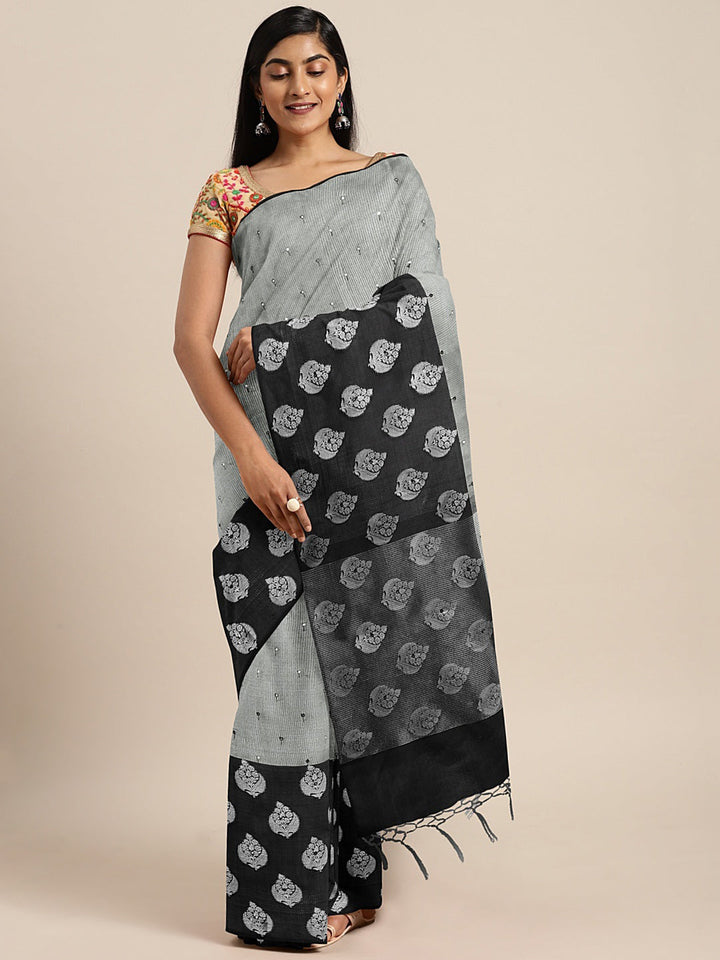 Neerus Grey tissue woven saree - front view