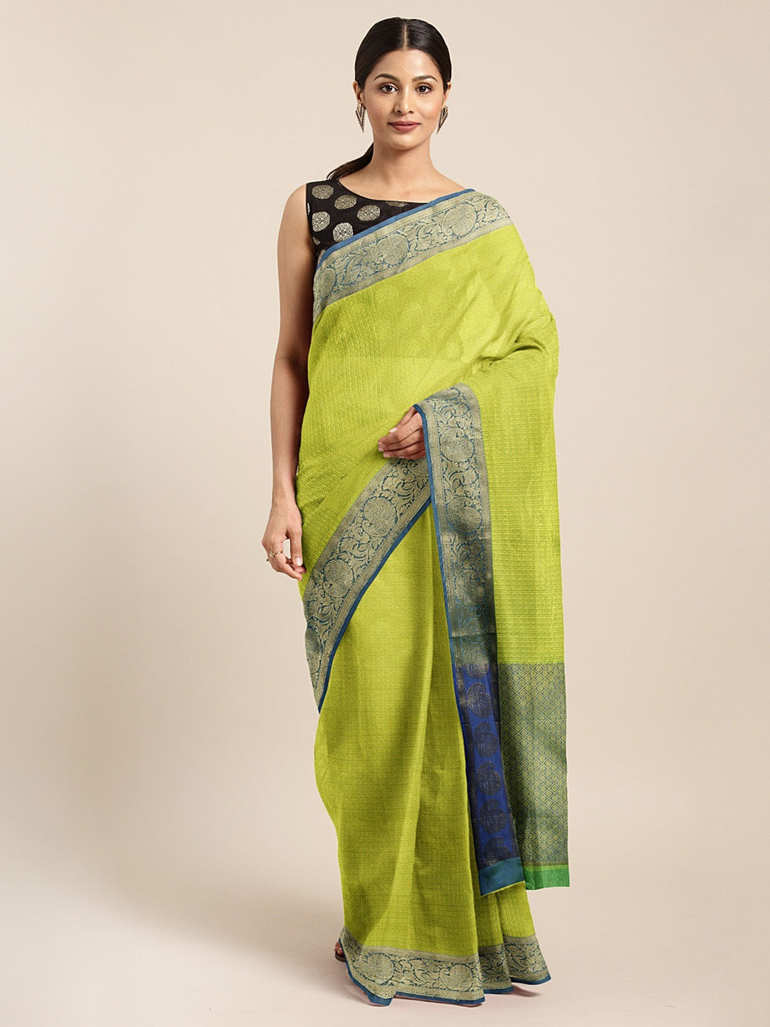 Neerus Green cotton woven saree with blouse piece - front view