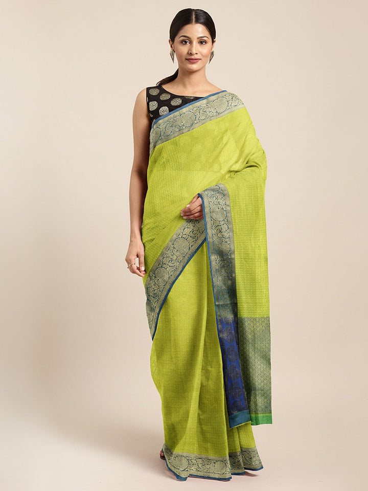 Neerus Green cotton woven saree with blouse piece - front view