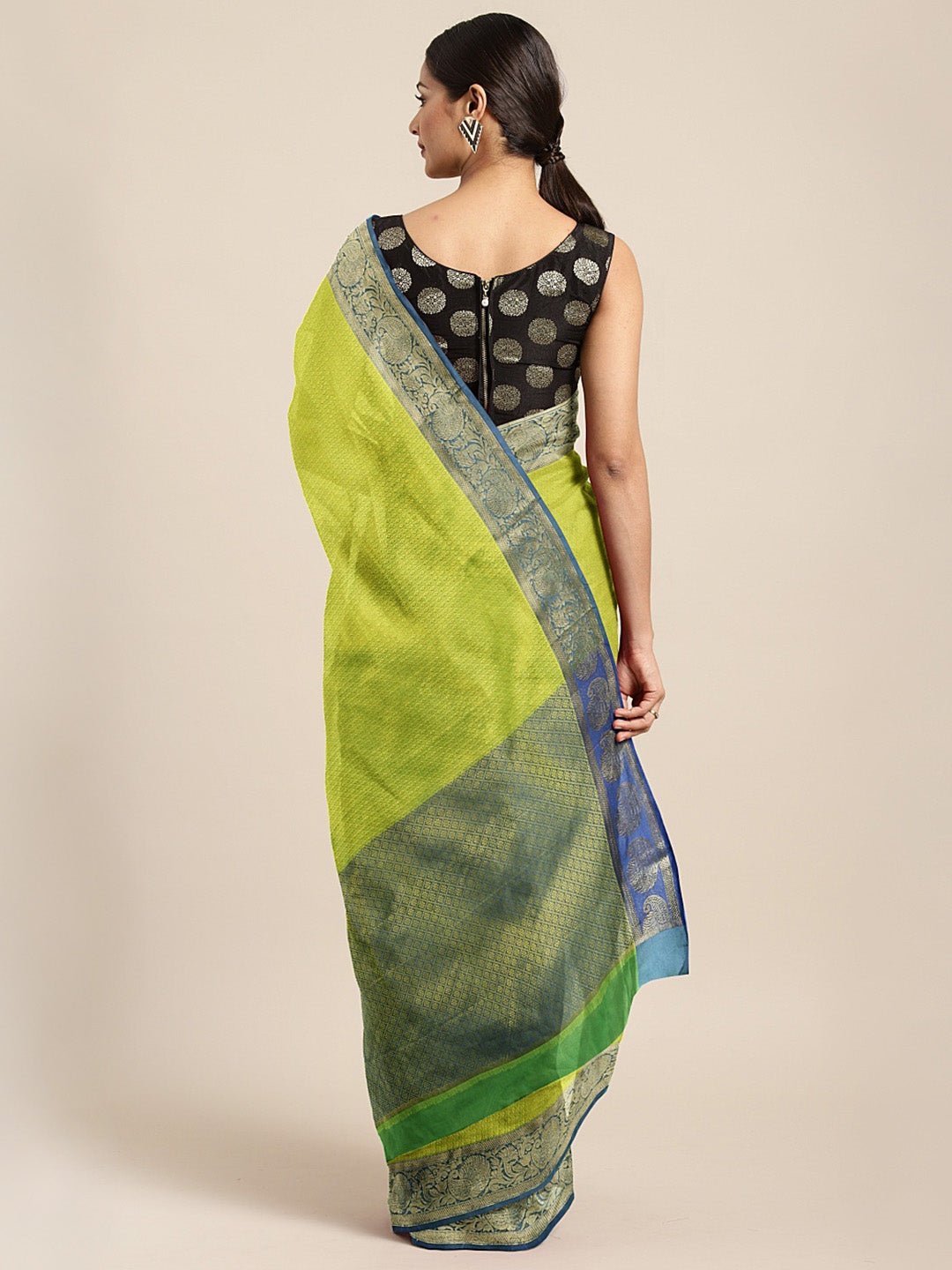 Neerus Green cotton woven saree with blouse piece - back view