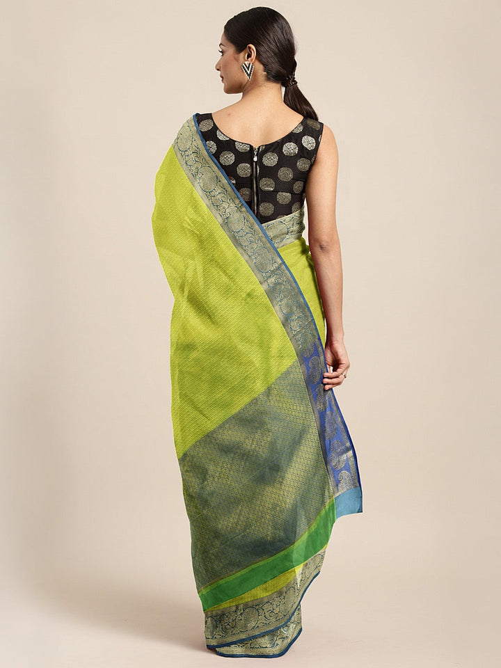 Neerus Green cotton woven saree with blouse piece - back view