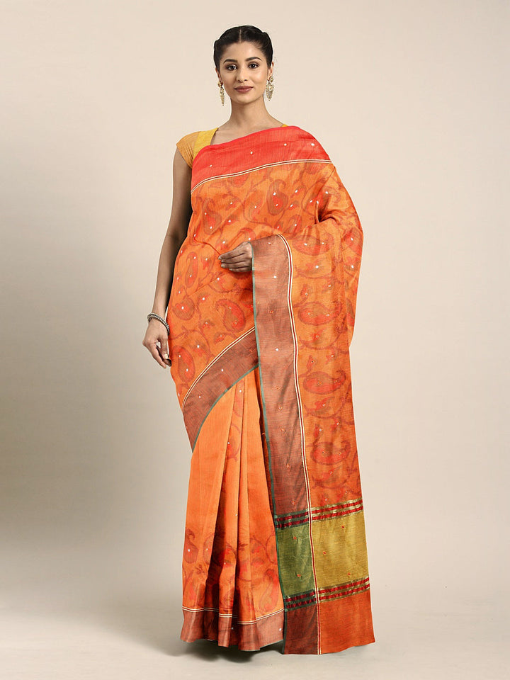 Neerus Orange silk printed saree with blouse piece - front view