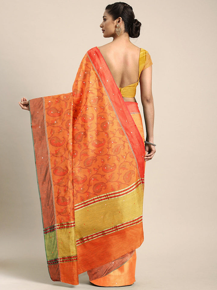 Neerus Orange silk printed saree with blouse piece - back view