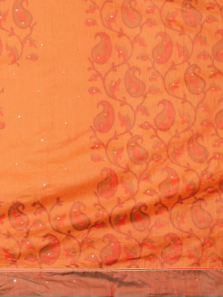 Neerus Orange silk printed saree with blouse piece - side view