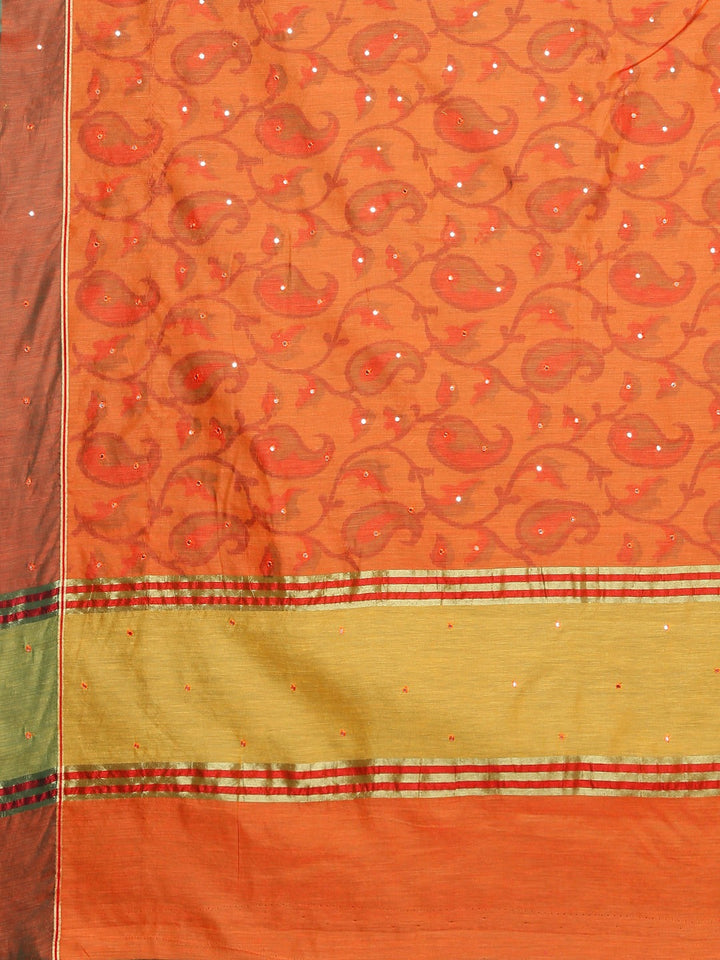 Neerus Orange silk printed saree with blouse piece - detail view 1