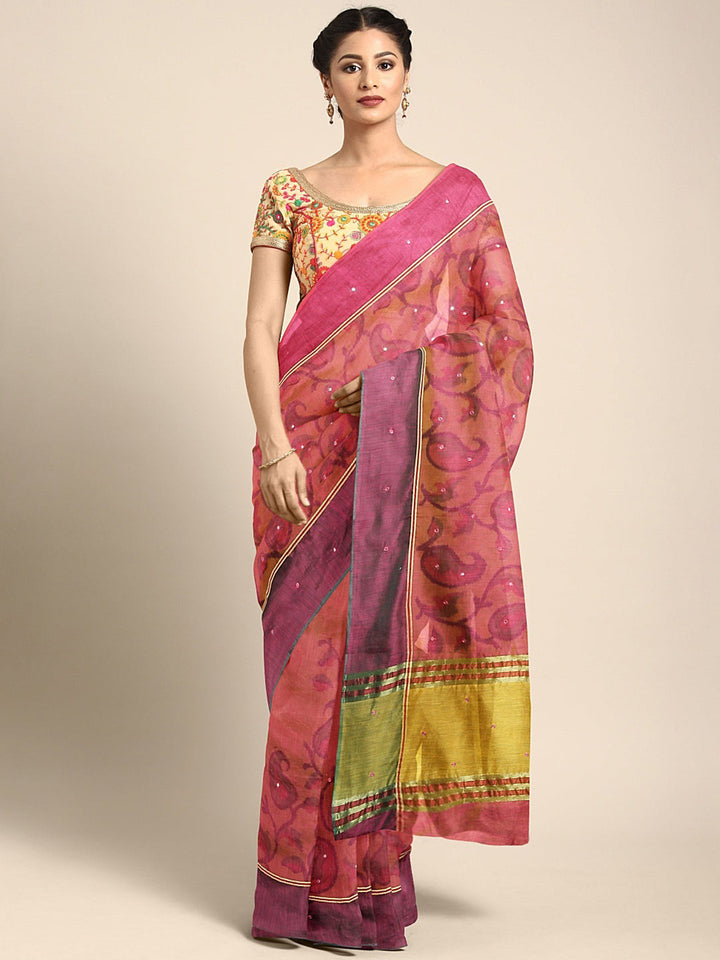 Neerus Pink silk printed saree with blouse piece - front view