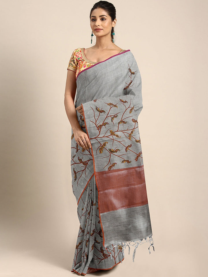 Neerus Grey printed saree with blouse piece - front view