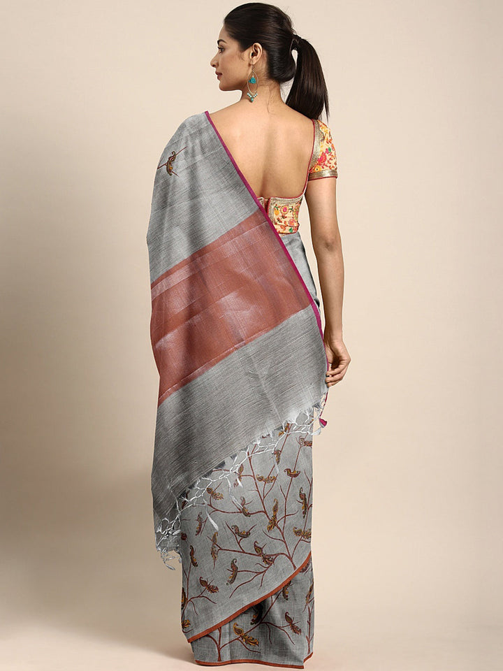 Neerus Grey printed saree with blouse piece - back view