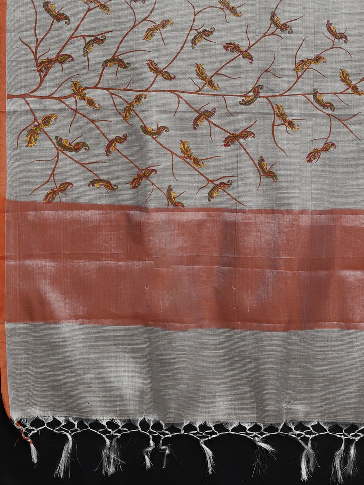 Neerus Grey printed saree with blouse piece - detail view 1