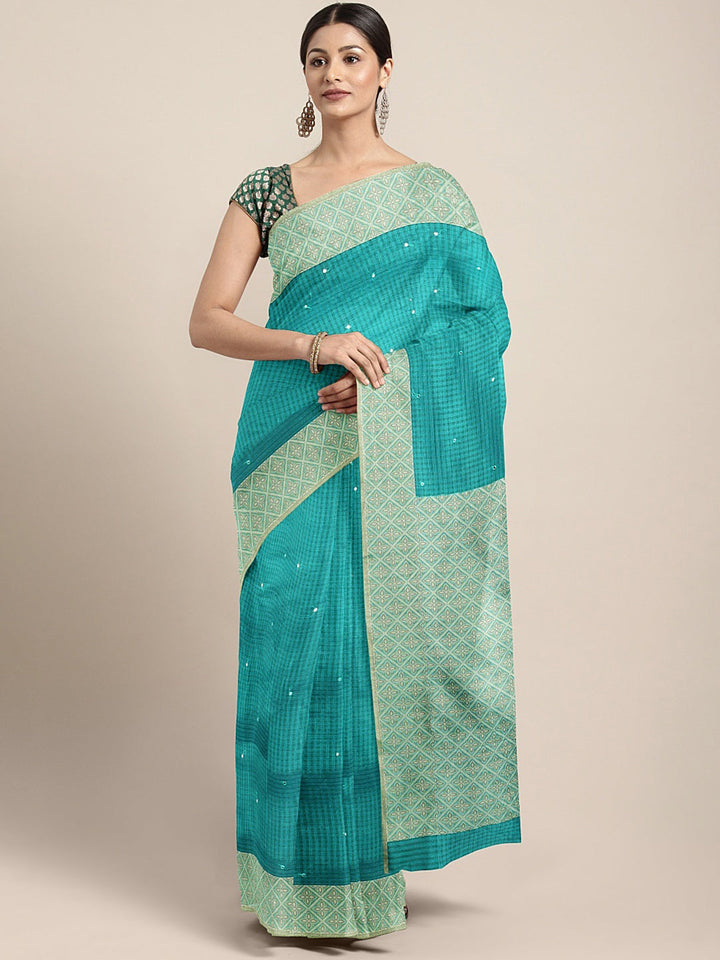 Neerus Blue silk embellished saree with blouse - front view