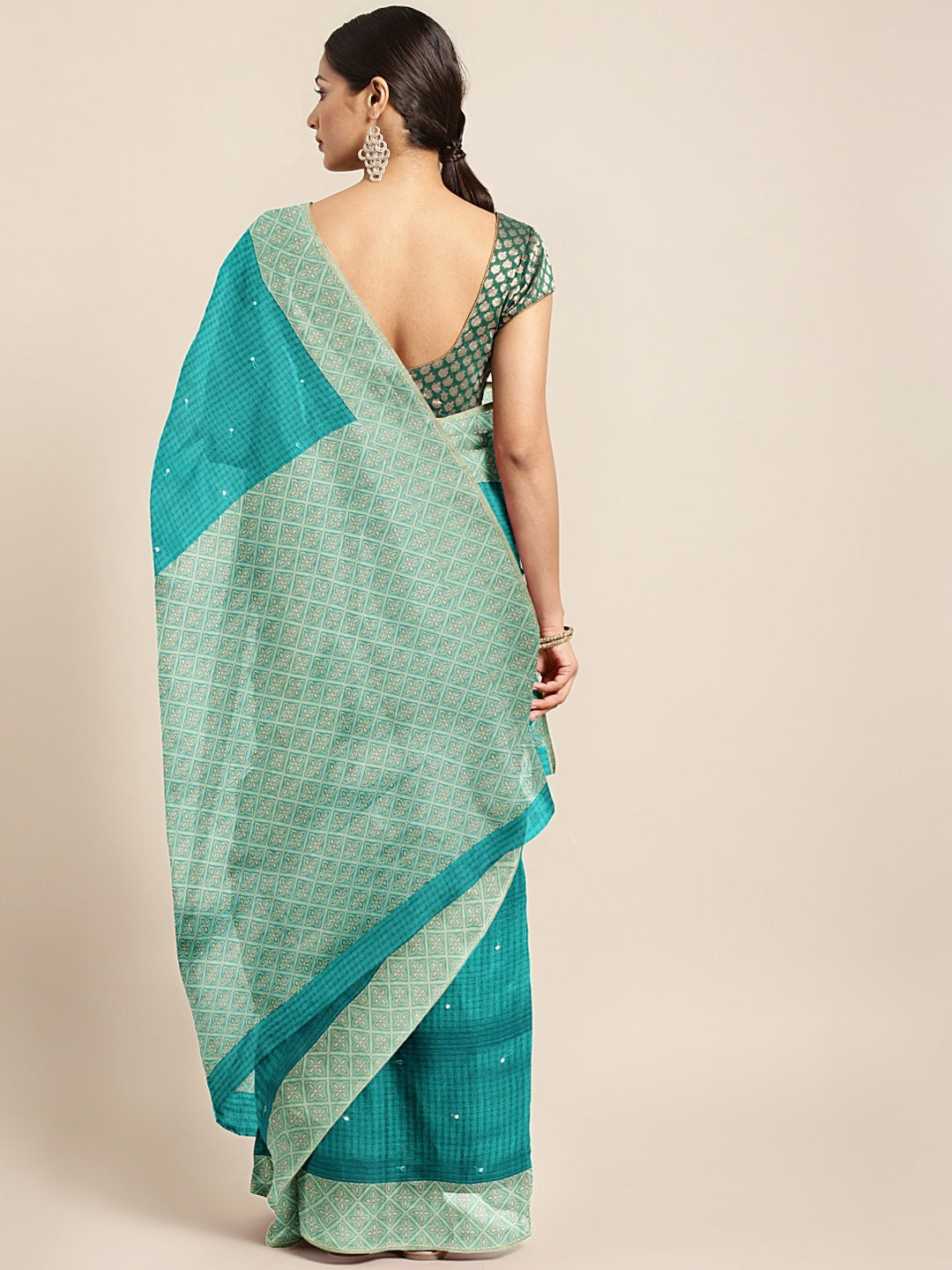 Neerus Blue silk embellished saree with blouse - back view