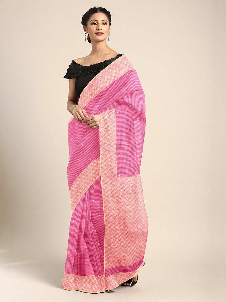 Neerus Pink silk woven saree - front view
