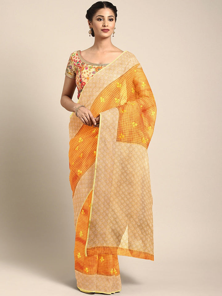 Neerus Yellow georgette embroidered saree - front view