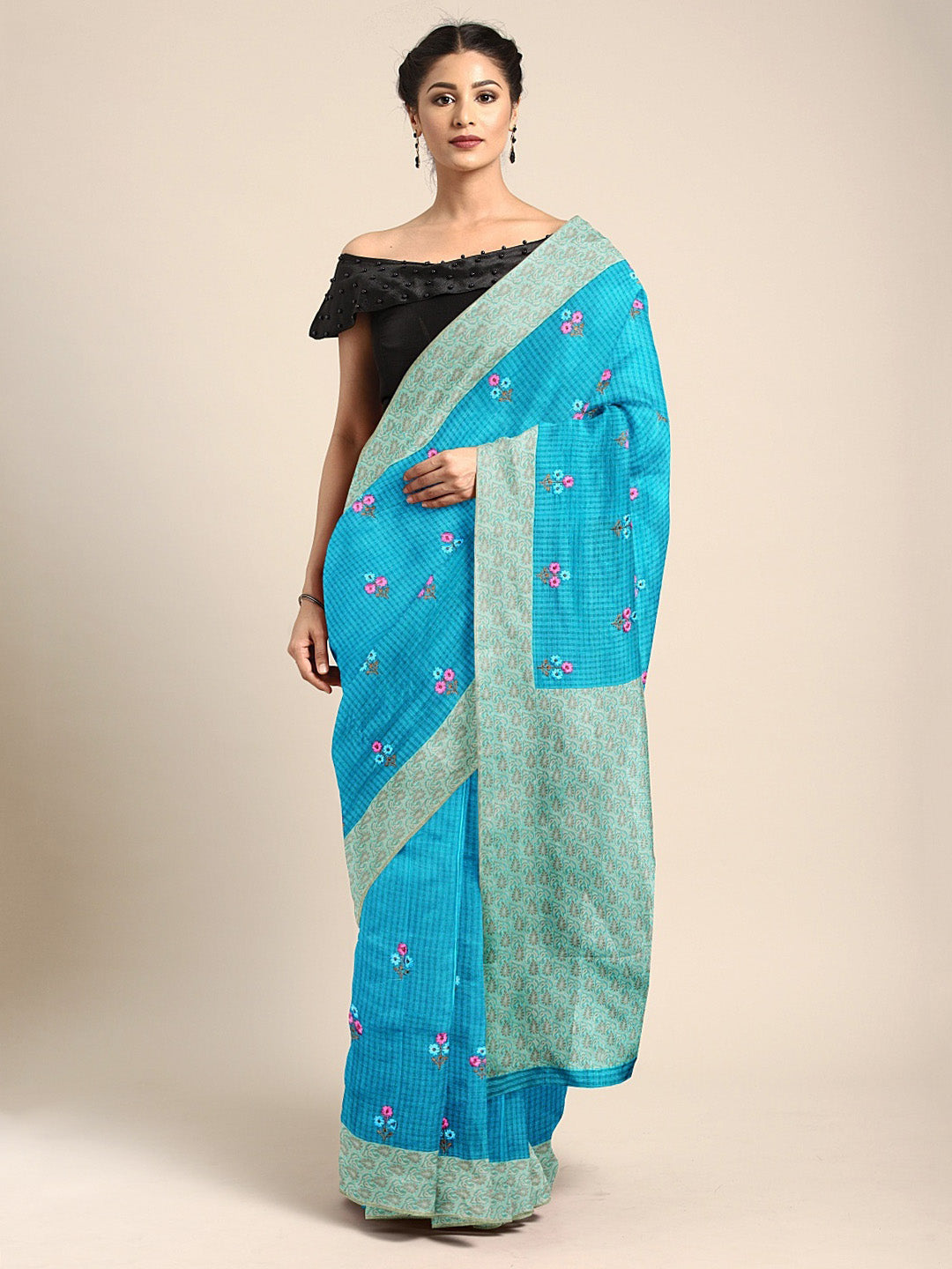 Neerus Blue silk embroidered saree with blouse piece - front view