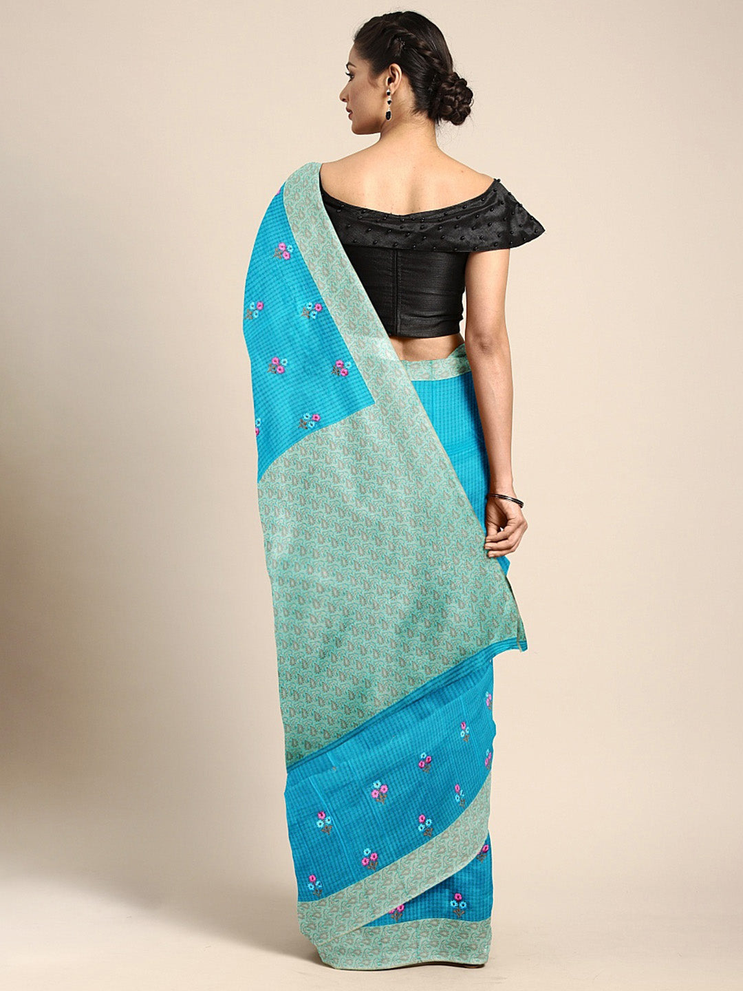 Neerus Blue silk embroidered saree with blouse piece - back view