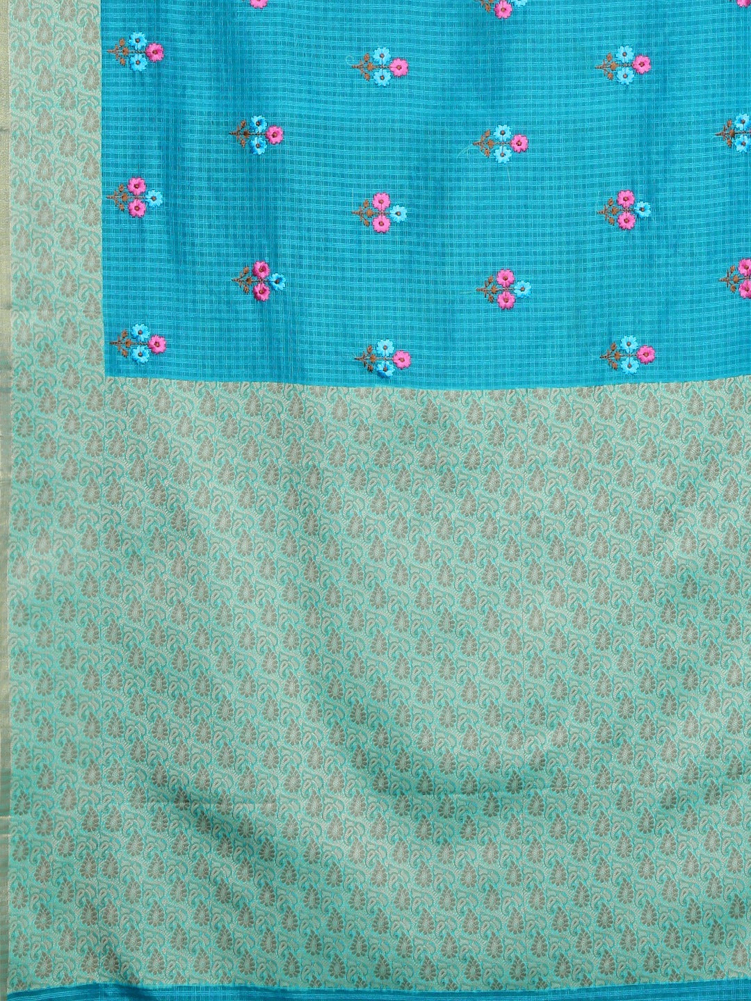 Neerus Blue silk embroidered saree with blouse piece - detail view 1