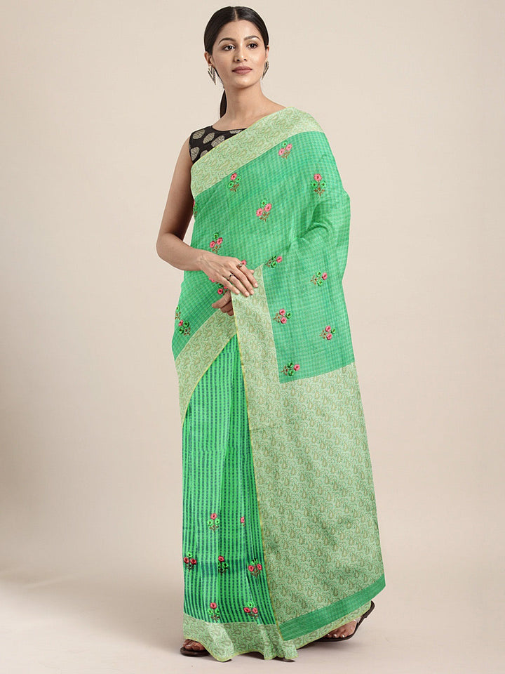 Neerus Green silk cotton woven saree - front view