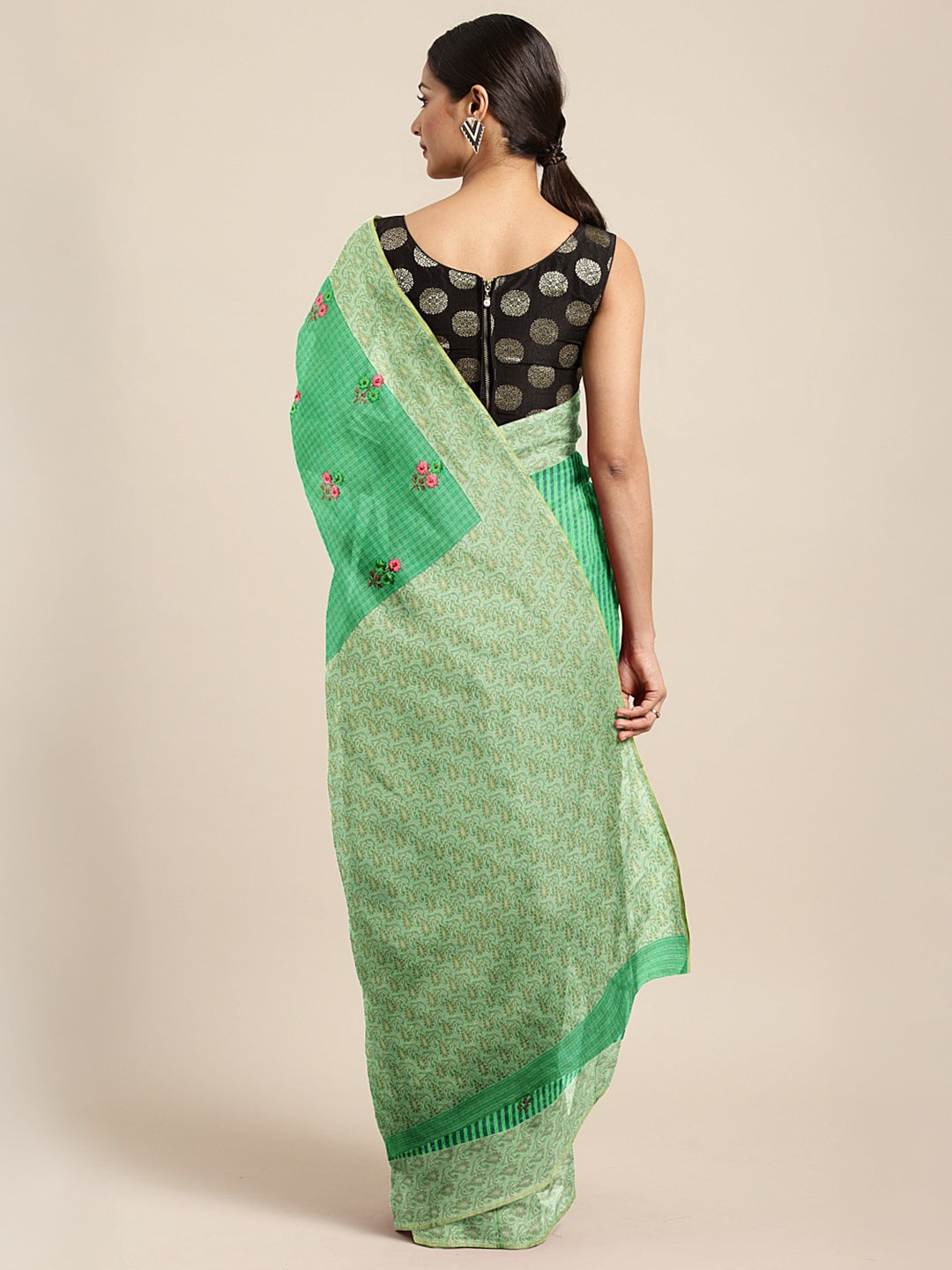 Neerus Green silk cotton woven saree - back view
