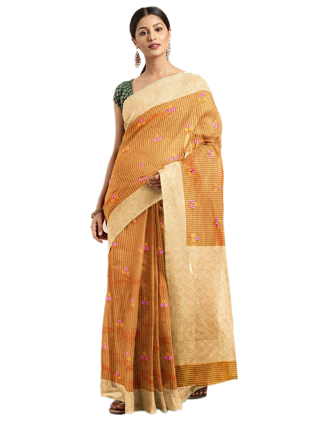Neerus Yellow georgette embroidered saree - front view