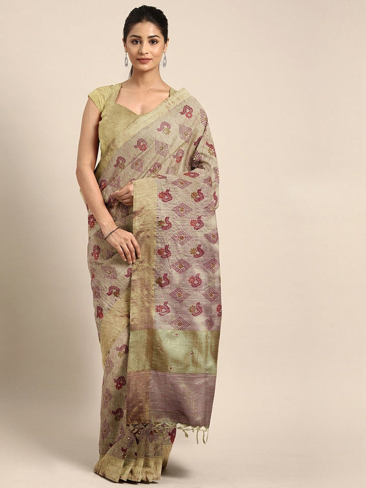 Neerus Beige polyester woven saree - front view