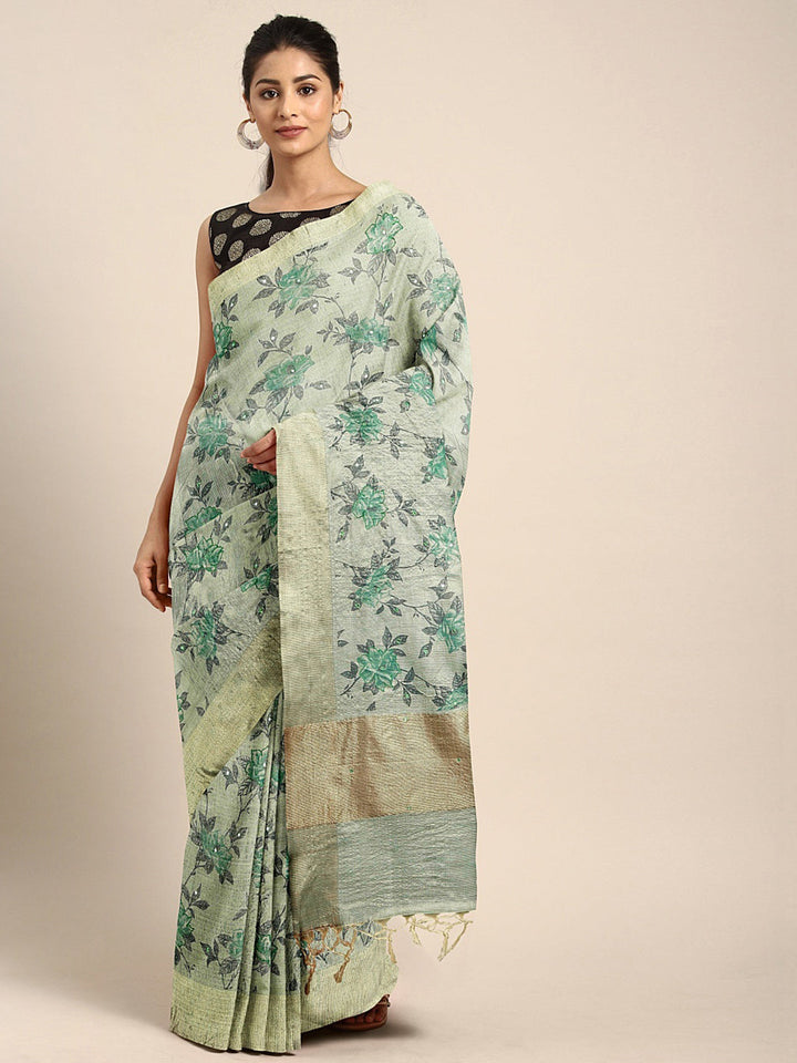 Neerus Green polyester woven saree - front view