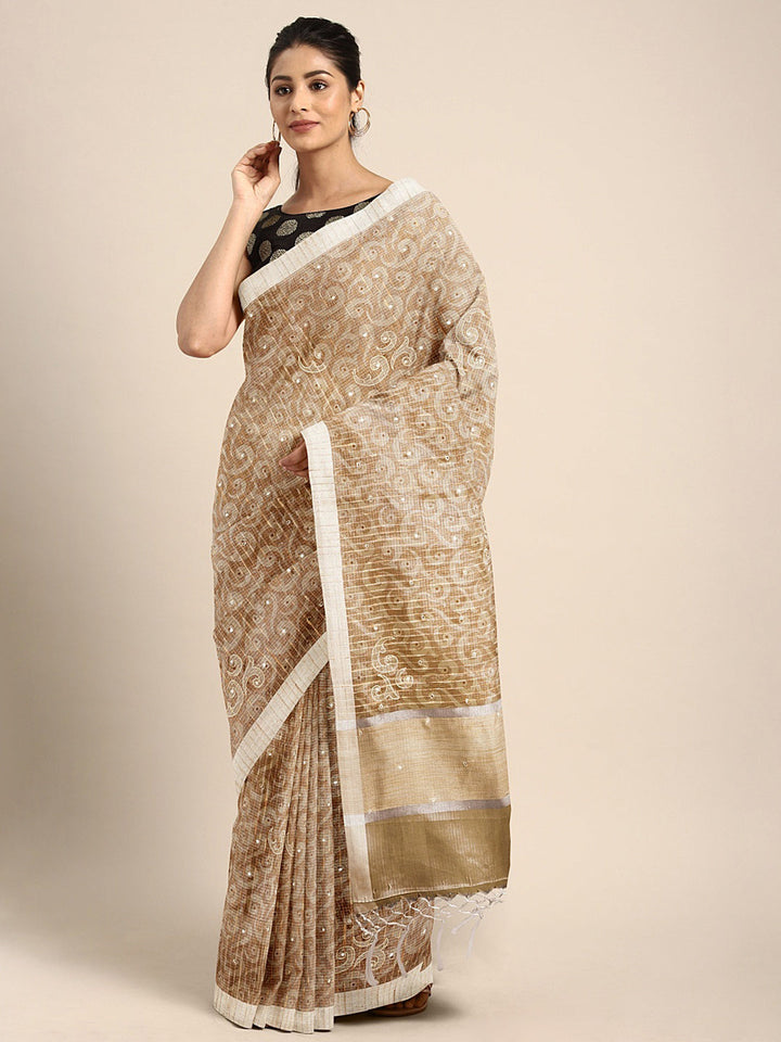 Neerus Beige tissue woven saree - front view